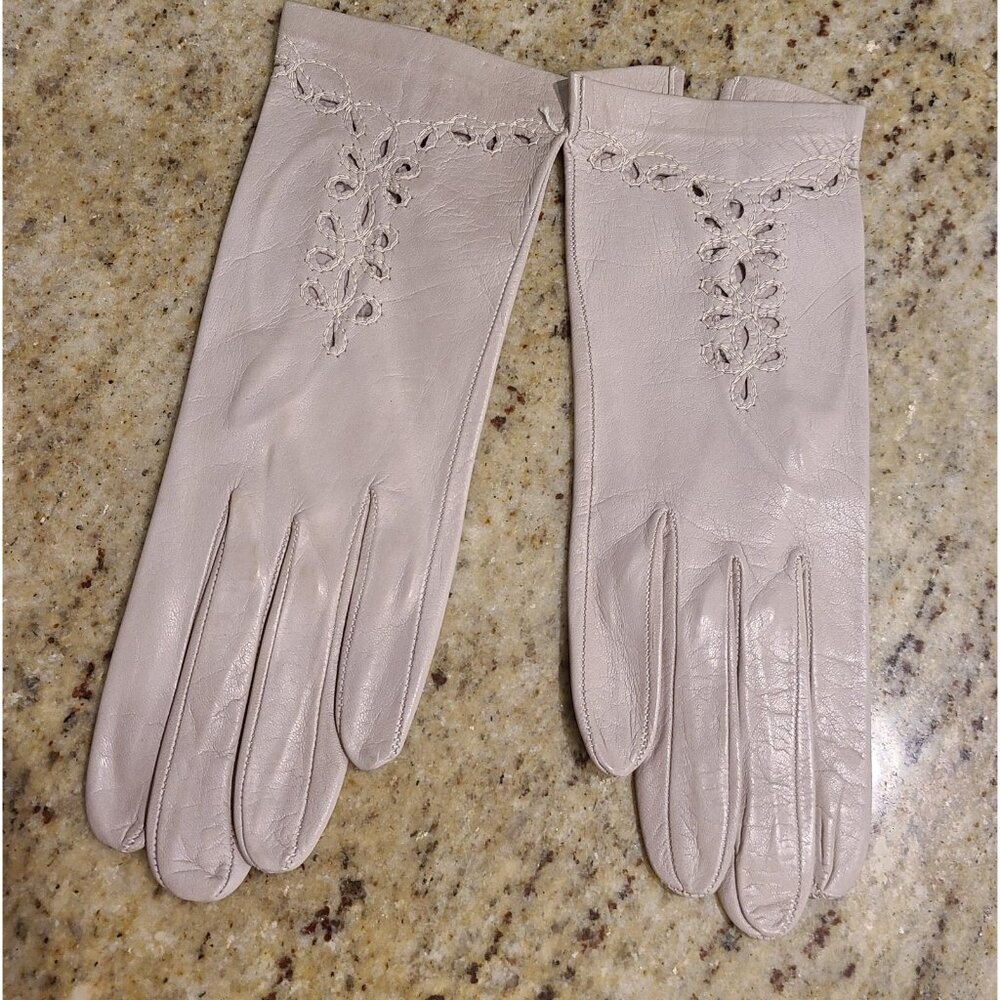 New! Vintage Women's Size XS 6 Beige Soft Leather Formal Gloves Eyelet Flower